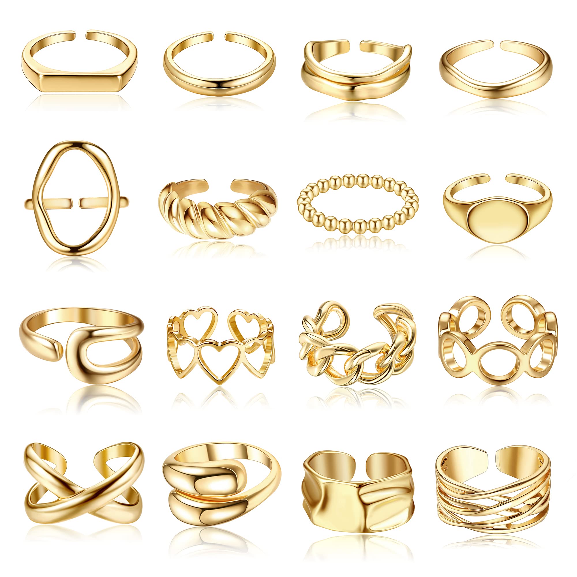 FIBO STEEL 16PCS Gold Dome Chunky Rings for Women 18K Gold Plated Croissant Braided Twisted Stacking Round Signet Adjustable Open Rings Set Size 6-9