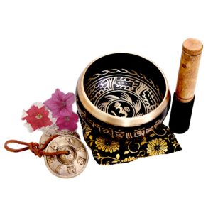 Large 5 Inch Tibetan Peace Mind Sound Singing Bowl Tingsha Cymbals Set - With Mallet and Cushion, Additional Gifts Inside - for Yoga, Meditation WITH BRASS MAZIRA FREE