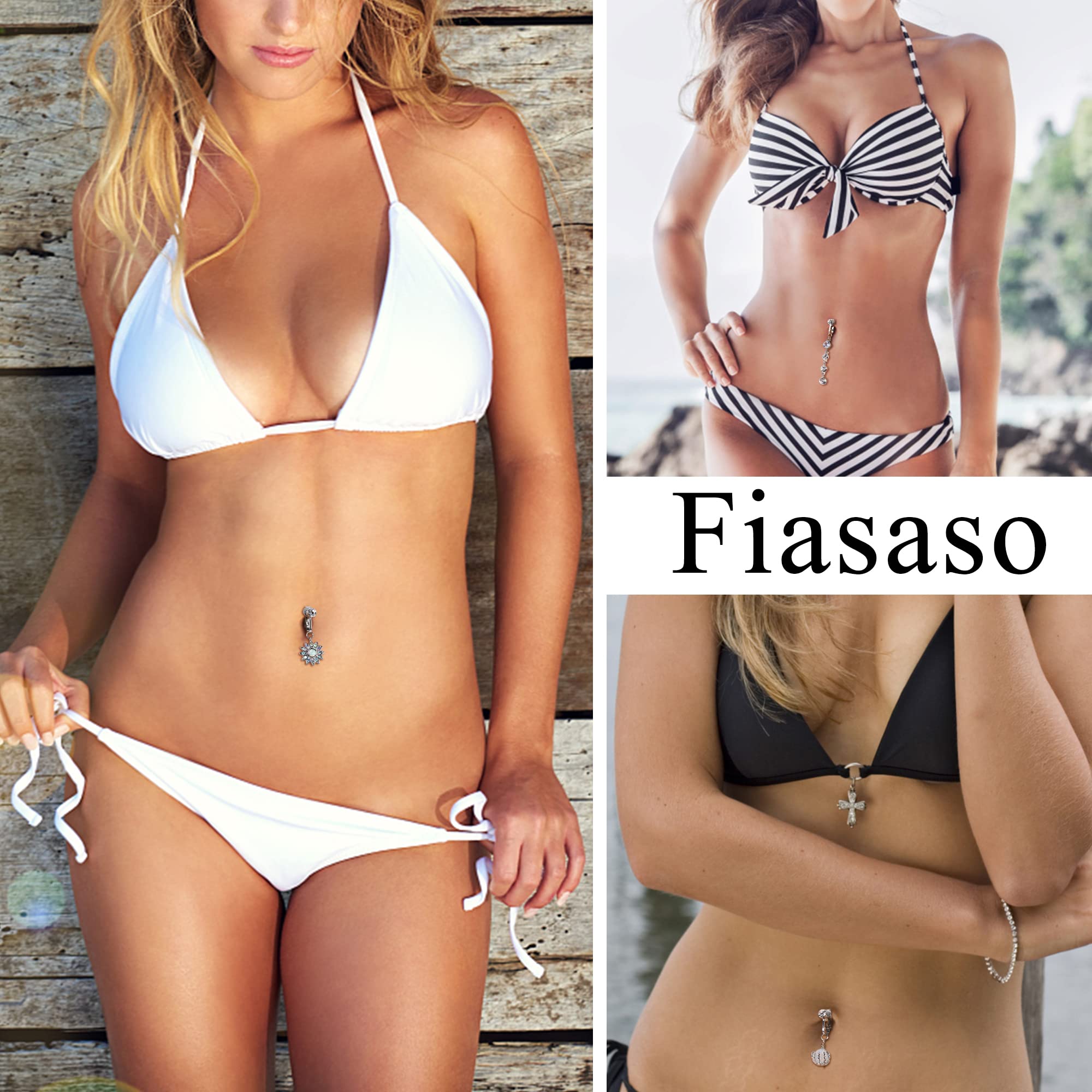 FIASASO Fake Belly Piercing for Women Fake Belly Ring Clip On Belly Button Ring Fake Belly Button Piercing Fake Navel Piercing Non Piercing Clip Belly Button Piercing