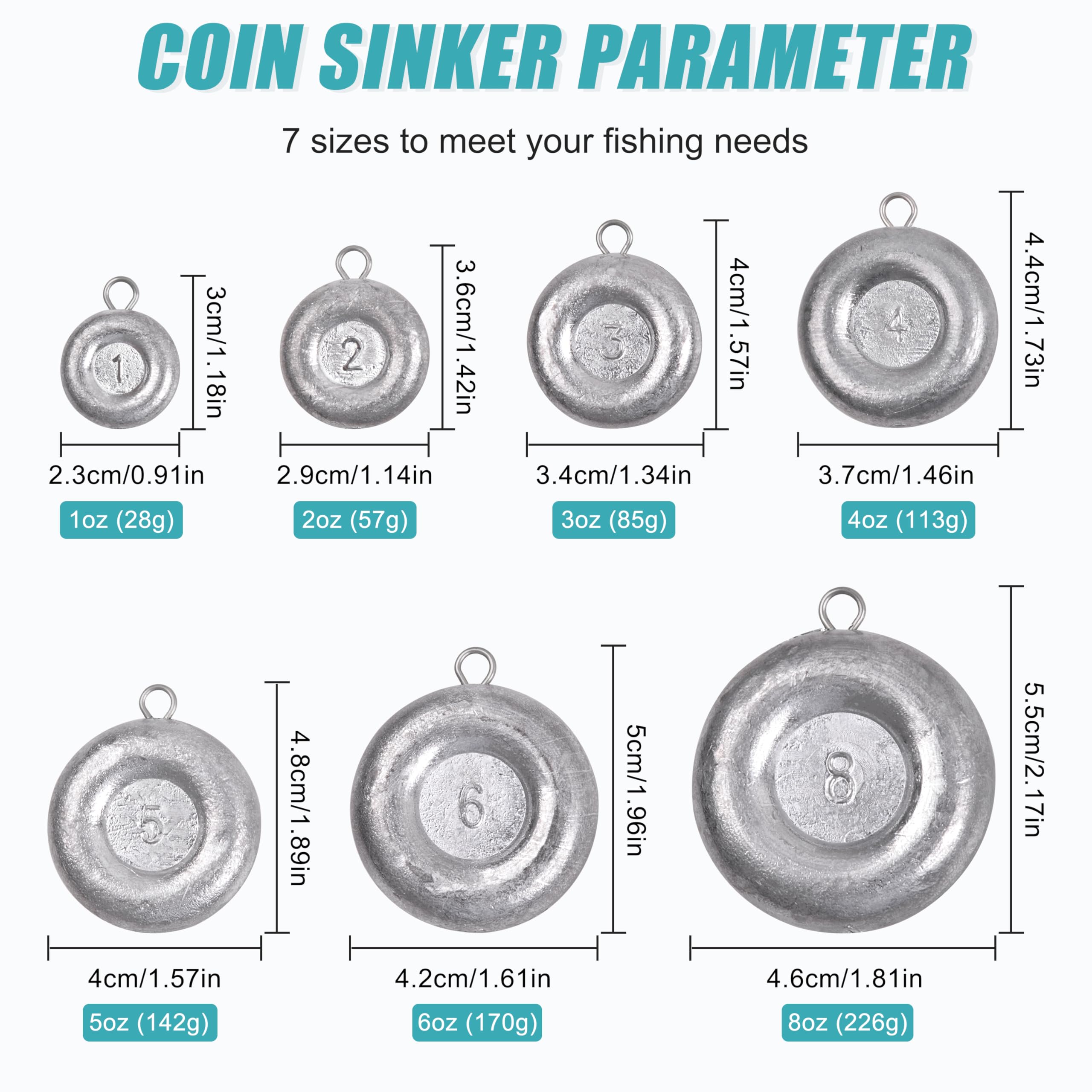 Disc Sinkers Fishing Weights, Coin Fishing Sinkers Weights Saltwater Surf Fishing Weights Bottom Drifting Trolling Catfishing Fishing Sinkers Saltwater Gear Tackle 1oz 2oz 3oz 4oz 5oz 6oz 8oz