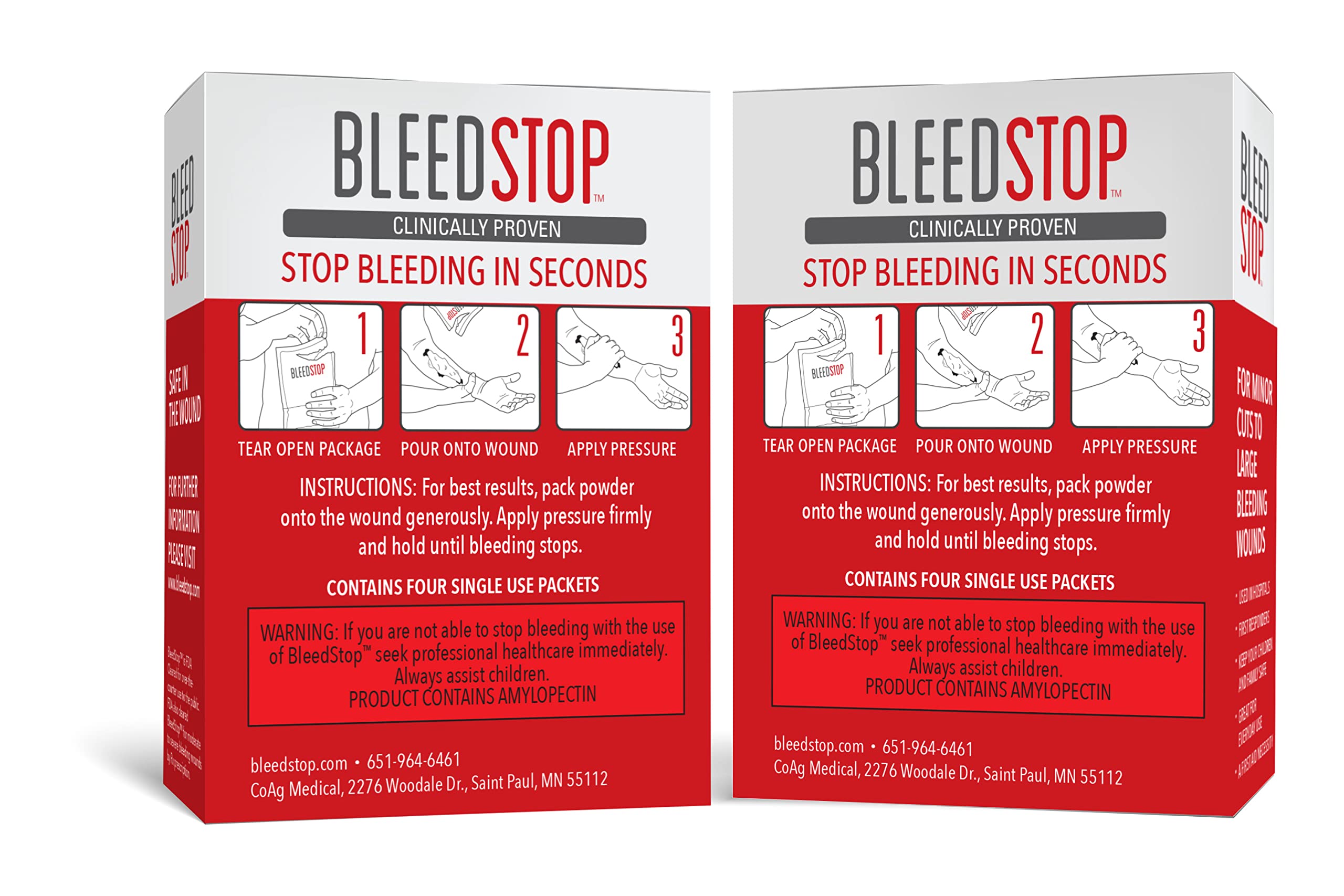 BleedStop™ First Aid Powder for Blood Clotting, Trauma Kit, Blood Thinner Patients, Camping Safety, and Survival Equipment for Moderate to Severe Bleeding Wounds or Nosebleeds (Double 4 Pack 15g)