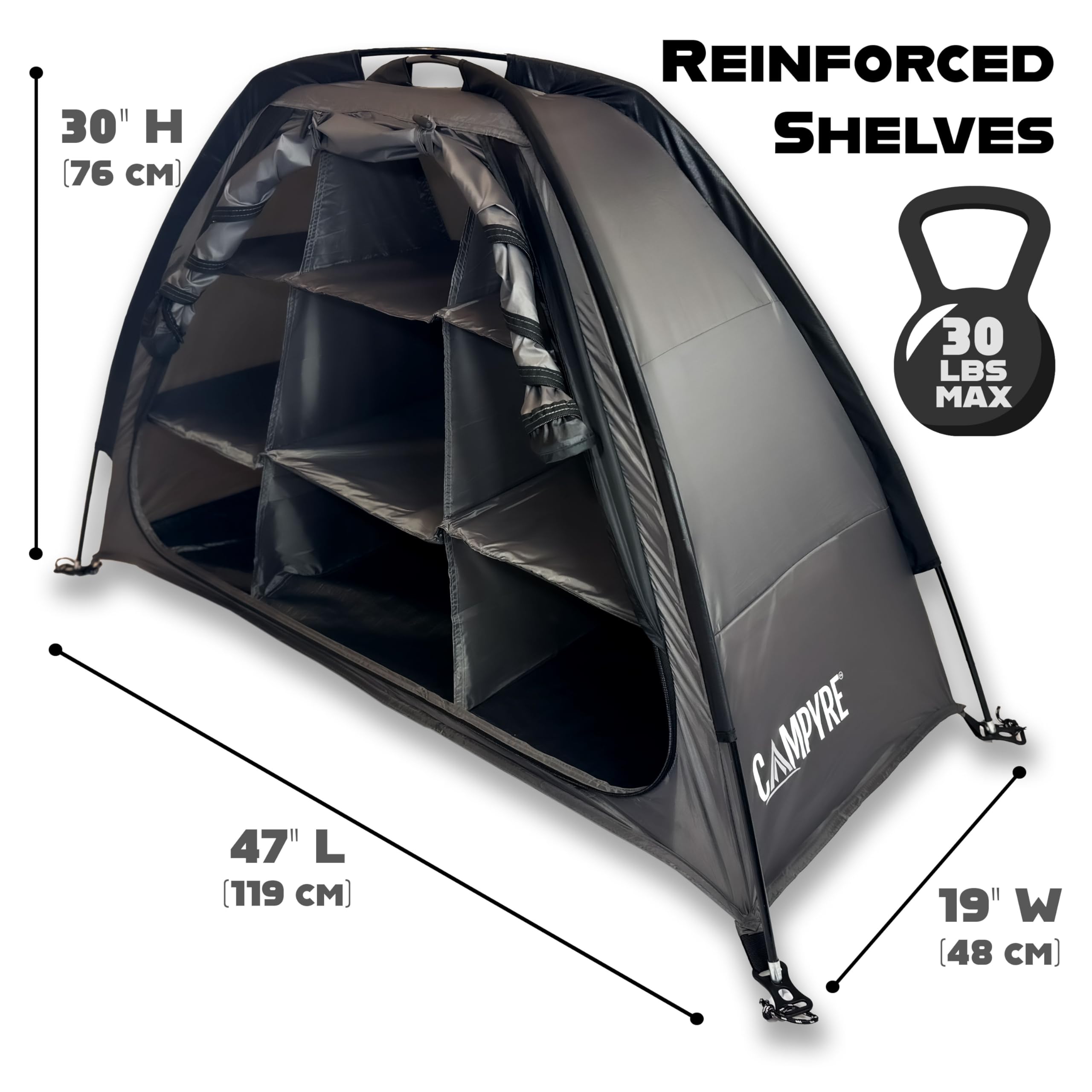 CAMPYRE - Tent & RV Camping Organizer with Zippered Flap, 9-Shelf Storage. Tent Organizer, RV Shoe Organizer, Dining Tent Organizer. Organize any other Camp Gear/Accessories (Patented - Licensed)