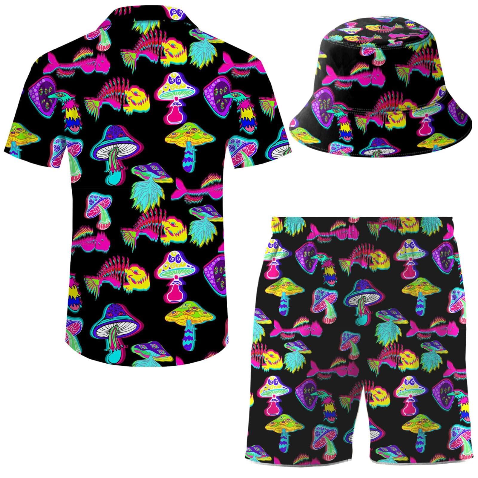 ifamawlea Men's 2 Piece Mushroom Fish Hawaiian Shirt Shorts Button Down Shirt and Shorts Sets with Bucket Hats Large