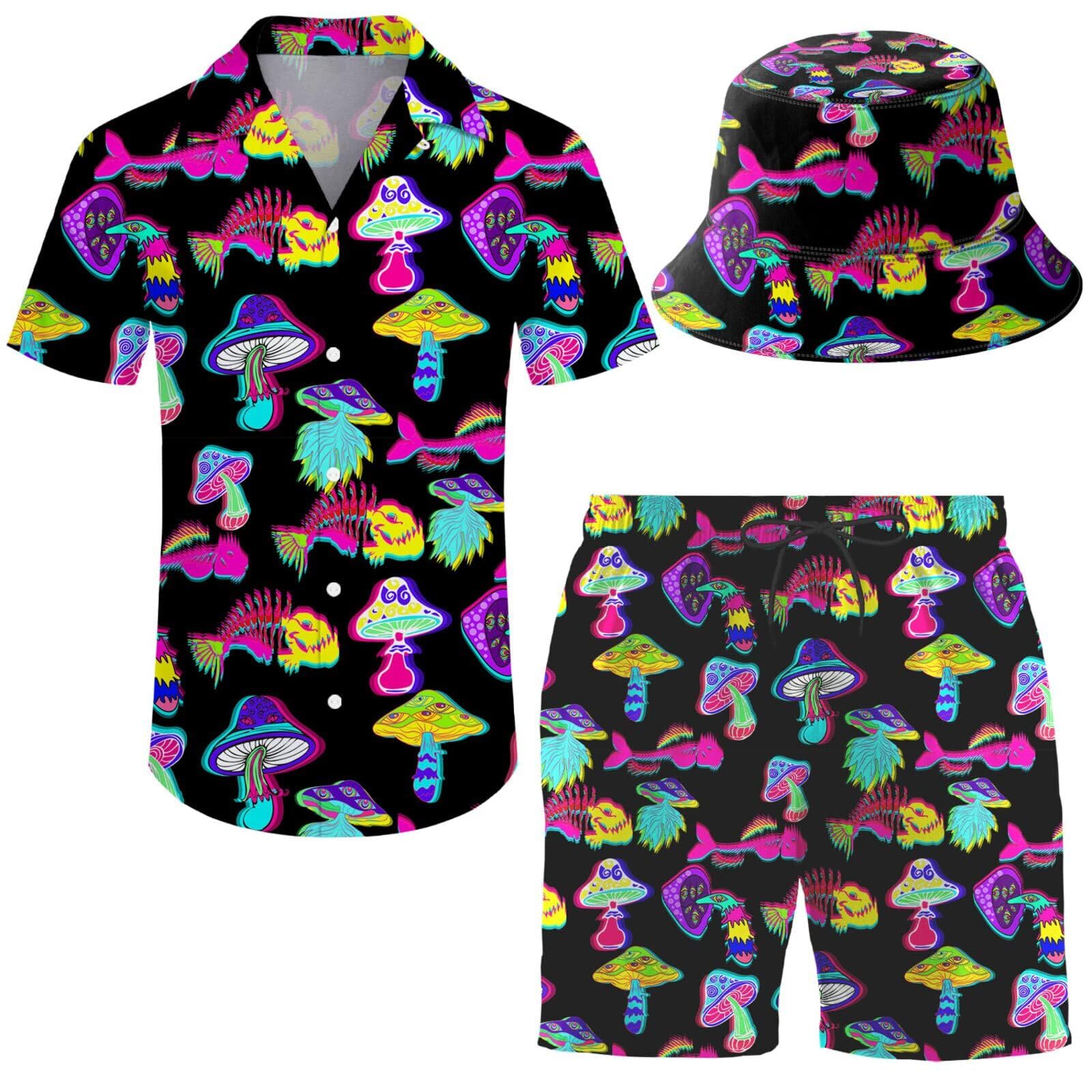 ifamawlea Men's 2 Piece Mushroom Fish Hawaiian Shirt Shorts Button Down Shirt and Shorts Sets with Bucket Hats Large