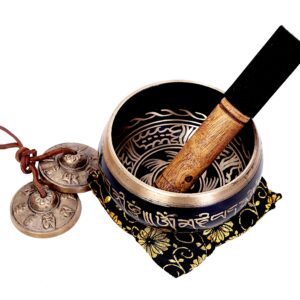 Large 5 Inch Tibetan Peace Mind Sound Singing Bowl Tingsha Cymbals Set - With Mallet and Cushion, Additional Gifts Inside - for Yoga, Meditation WITH BRASS MAZIRA FREE