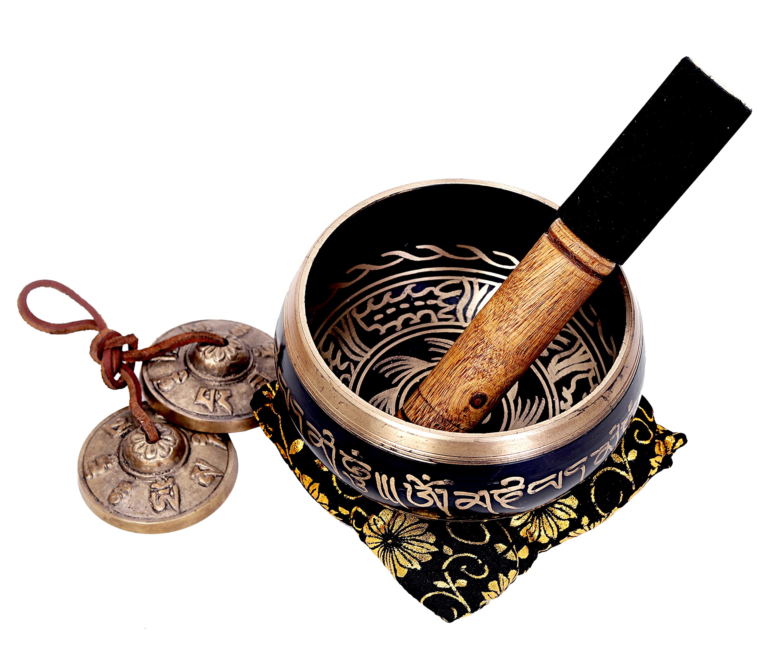 Large 5 Inch Tibetan Peace Mind Sound Singing Bowl Tingsha Cymbals Set - With Mallet and Cushion, Additional Gifts Inside - for Yoga, Meditation WITH BRASS MAZIRA FREE