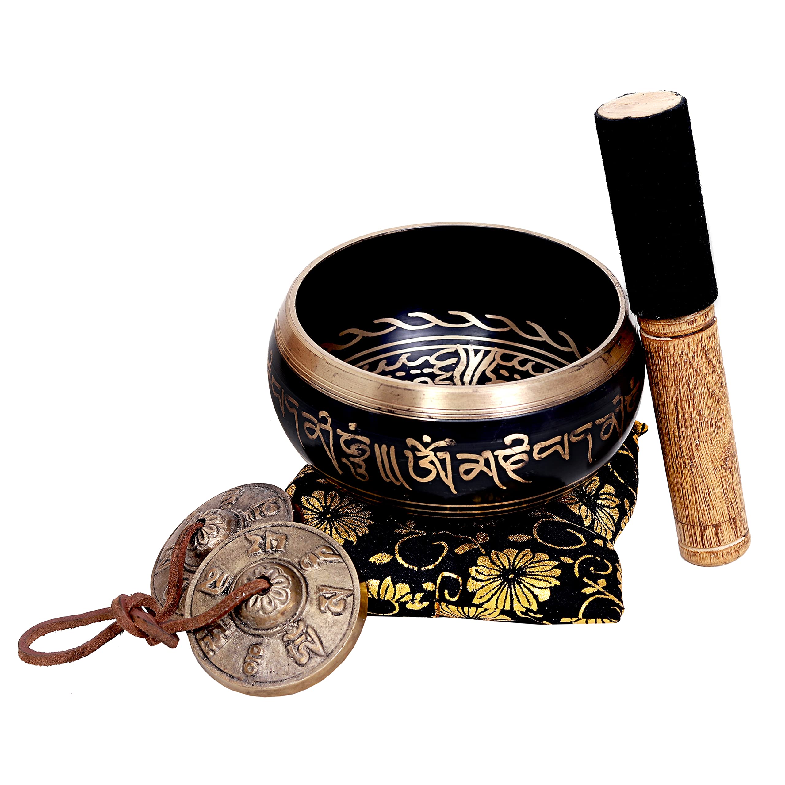 Large 5 Inch Tibetan Peace Mind Sound Singing Bowl Tingsha Cymbals Set - With Mallet and Cushion, Additional Gifts Inside - for Yoga, Meditation WITH BRASS MAZIRA FREE