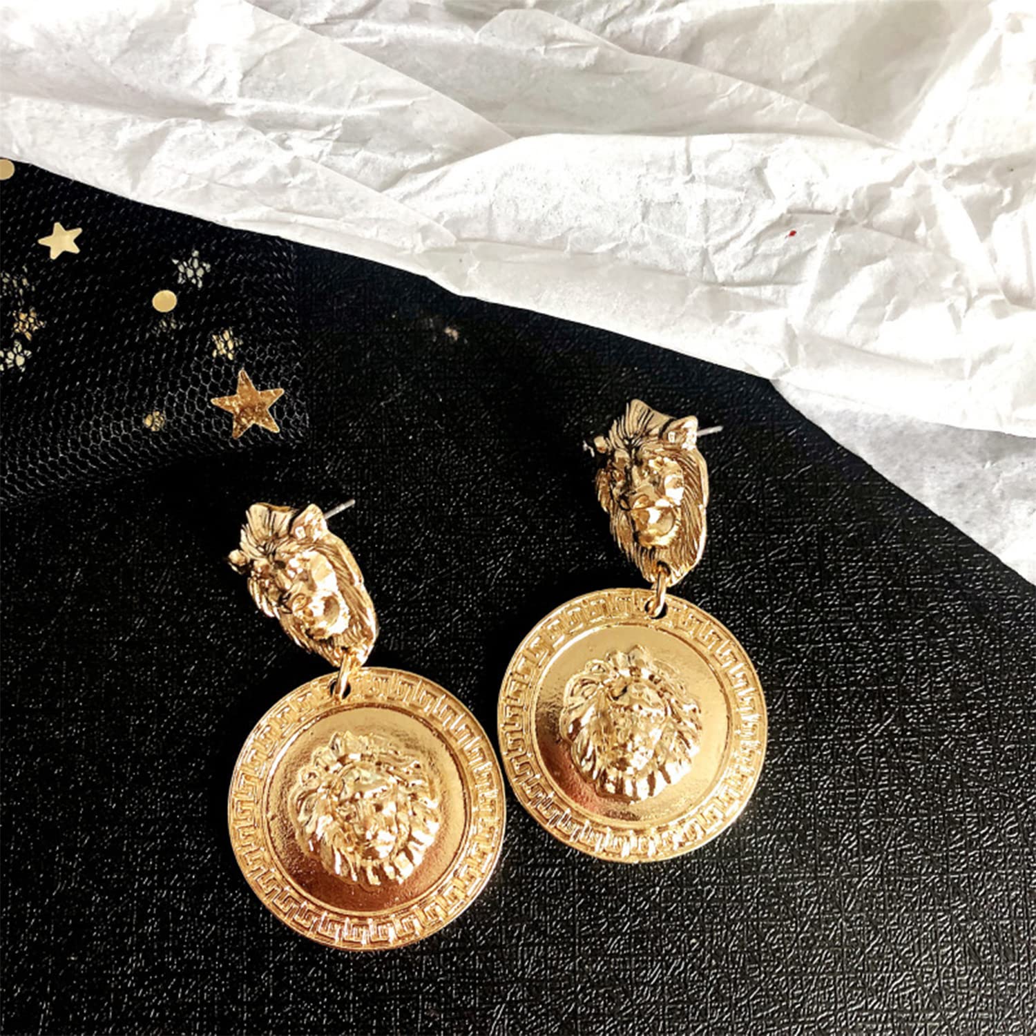 KaFu Statement Lion Head Earrings Big Coin Gold Circle Baroque Animal Dangle Earrings Vintage 80's Women Dainty Gift (large meatball)