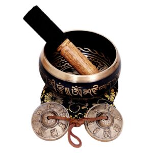 Large 5 Inch Tibetan Peace Mind Sound Singing Bowl Tingsha Cymbals Set - With Mallet and Cushion, Additional Gifts Inside - for Yoga, Meditation WITH BRASS MAZIRA FREE