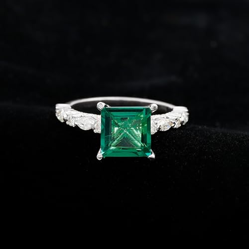 Certified Lab Grown Emerald 8mm Princess Cut Engagement Ring, AAAA Quality, Emerald Moissanite Ring - With Jewelry Box, 14K White Gold, Size:US 6.50