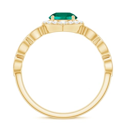 Lab Grown Emerald Diamond Engagement Ring, AAAA Quality, Certified 6 MM Round Emerald Halo Ring (With Jewelry Box), 14K Yellow Gold, Size:US 7.00