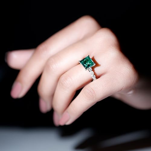 Certified Lab Grown Emerald 8mm Princess Cut Engagement Ring, AAAA Quality, Emerald Moissanite Ring - With Jewelry Box, 14K White Gold, Size:US 6.50