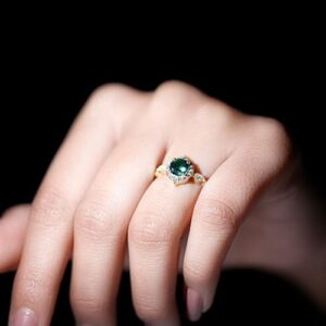 Lab Grown Emerald Diamond Engagement Ring, AAAA Quality, Certified 6 MM Round Emerald Halo Ring (With Jewelry Box), 14K Yellow Gold, Size:US 7.00