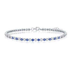 Alternating Navy-Blue Enamel Evil Eye and Simulated Diamond CZ 7.5” Bracelet |Sterling Silver Jewelry for Women or Teens