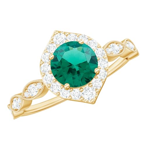 Lab Grown Emerald Diamond Engagement Ring, AAAA Quality, Certified 6 MM Round Emerald Halo Ring (With Jewelry Box), 14K Yellow Gold, Size:US 7.00