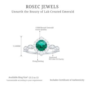 Lab Grown Emerald Diamond Engagement Ring, AAAA Quality, Certified 6 MM Round Emerald Halo Ring (With Jewelry Box), 14K Yellow Gold, Size:US 7.00