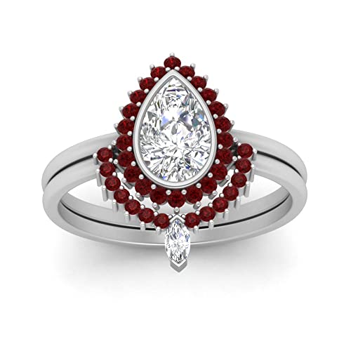 55Carat Bezel Pear Shape Halo Diamond Wedding Ring Set Sterling Silver Created Ruby Pear Shape Red Color Wedding Ring Sets Prong Setting in Size 8 Party Wear Daily Wear Ornament