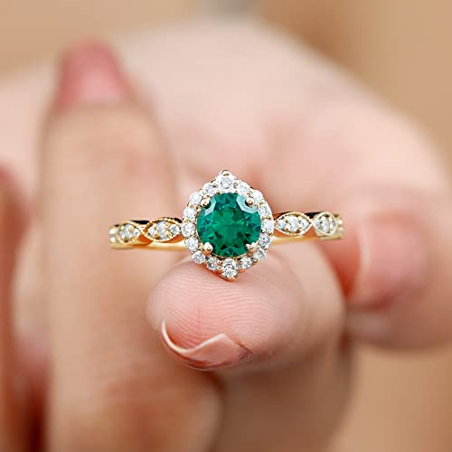 Lab Grown Emerald Diamond Engagement Ring, AAAA Quality, Certified 6 MM Round Emerald Halo Ring (With Jewelry Box), 14K Yellow Gold, Size:US 7.00