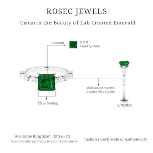 Certified Lab Grown Emerald 8mm Princess Cut Engagement Ring, AAAA Quality, Emerald Moissanite Ring - With Jewelry Box, 14K White Gold, Size:US 6.50