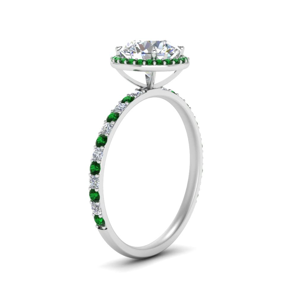 CaratYogi Petite Halo Diamond Ring sterling silver Created Emerald Round shape Green color Halo Engagement Rings high Setting in Size 7 for Women