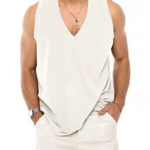 utcoco Men's Cotton Linen Tank Top Solid Color V-Neck Cut Off Tee Summer Beach Sleeveless Shirts for Men (L, White)