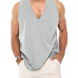 utcoco Men's Cotton Linen Tank Top Solid Color V-Neck Cut Off Tee Summer Beach Sleeveless Shirts for Men (L, Light Grey)