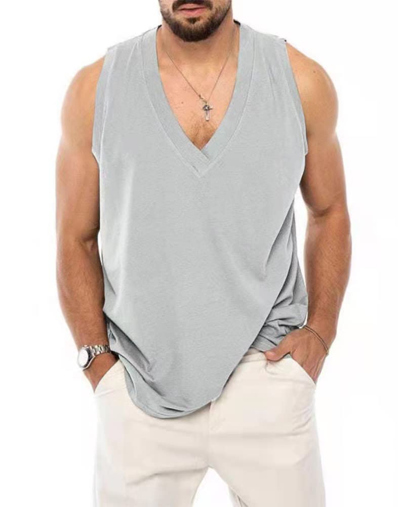 utcoco Men's Cotton Linen Tank Top Solid Color V-Neck Cut Off Tee Summer Beach Sleeveless Shirts for Men (L, Light Grey)