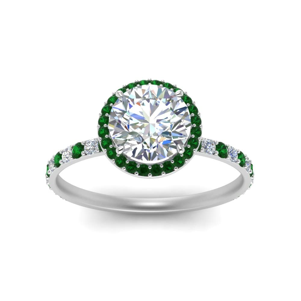 CaratYogi Petite Halo Diamond Ring sterling silver Created Emerald Round shape Green color Halo Engagement Rings high Setting in Size 7 for Women