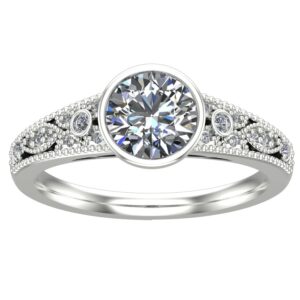 Houston Diamond District Round Moissanite Bezel Vintage Style Engagement Ring 1 CTW in 14k White Gold