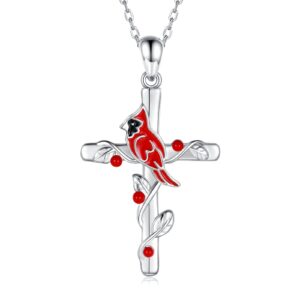 sterling silver cardinal cross jewelry for women: red bird cardinal cross expandable ring pendant necklace memorial jewelry gift (necklace)