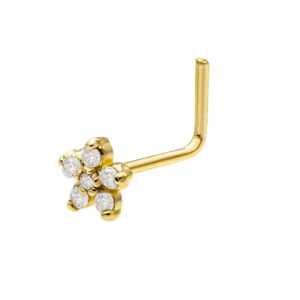 14K Yellow Gold 20G L-shape Flower Nose Stud with 0.05ct Moissanite Gemstones - April Birthstone Nose Ring - FLMNT-LSYG