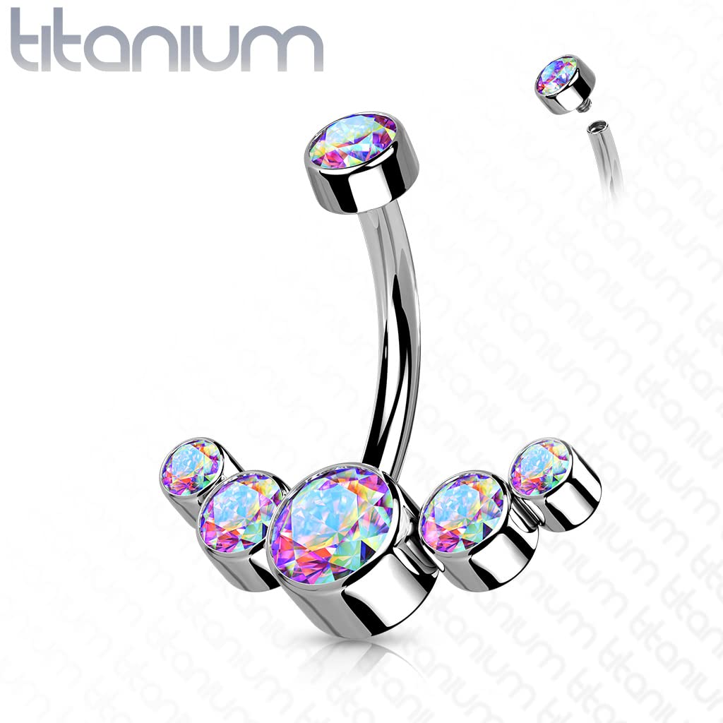 Dynamique Implant Grade Titanium Internally Threaded CZ Bezel Set Top With 5-CZ Set Curve Belly Button Ring (Sold Per Piece)