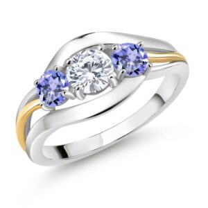 gem stone king 925 sterling silver and 10k yellow gold round white moissanite and blue tanzanite 3 stone ring for women (1.10 cttw, available in size 5, 6, 7, 8, 9)