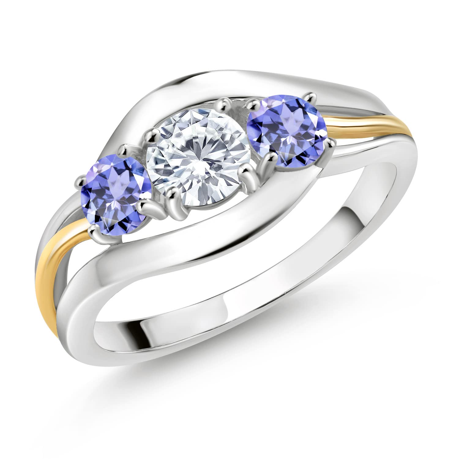 Gem Stone King 925 Sterling Silver and 10K Yellow Gold Round White Moissanite and Blue Tanzanite 3 Stone Ring For Women (1.10 Cttw, Available In Size 5, 6, 7, 8, 9)