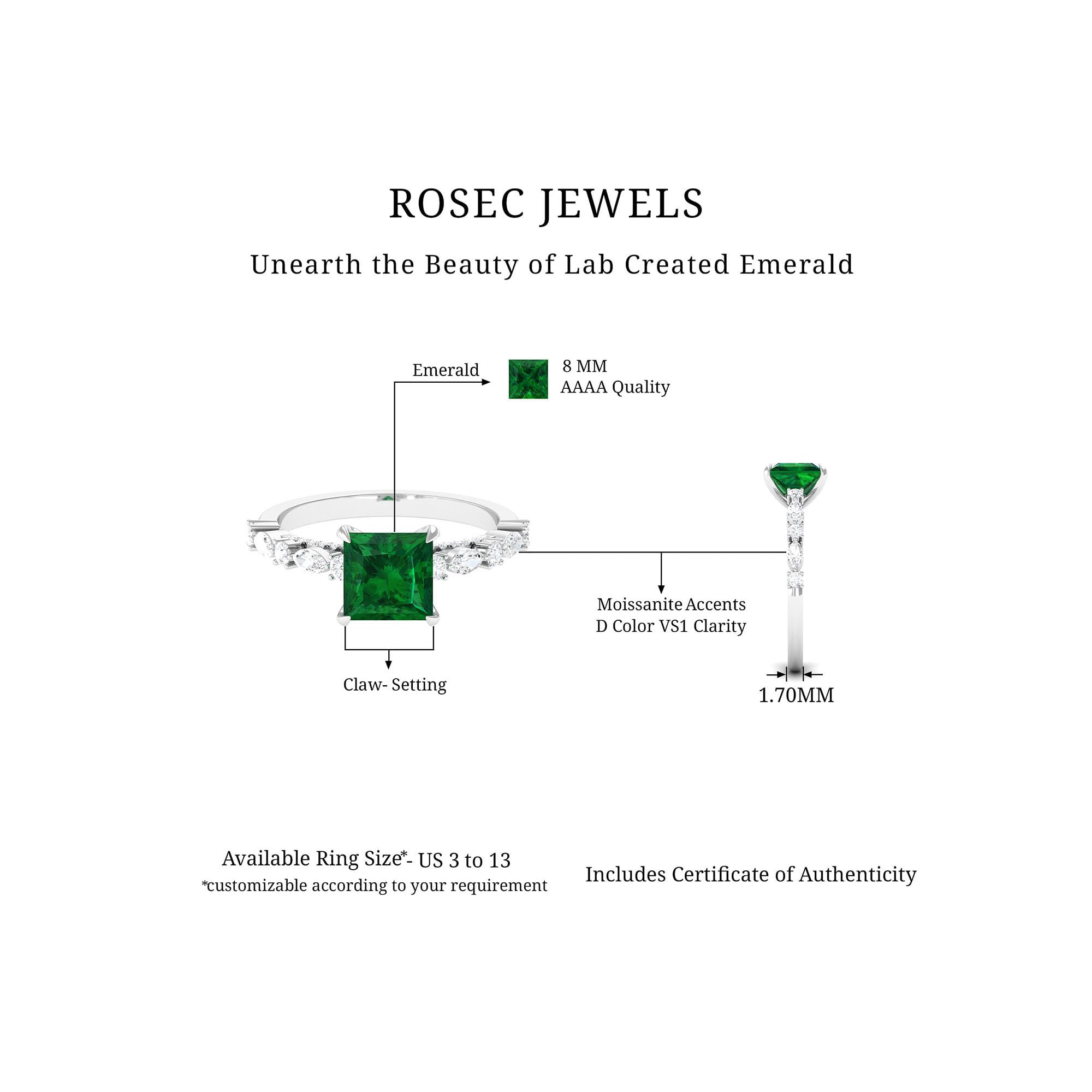 Certified Lab Grown Emerald 8mm Princess Cut Engagement Ring, AAAA Quality, Emerald Moissanite Ring - With Jewelry Box, 14K White Gold, Size:US 5.50