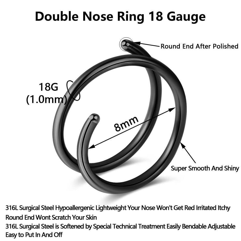 Fzroezz Double Nose Ring for Single Piercing Nose Hoops Nose Piercing Jewelry Real Hoop Nose Rings Nostril Twist Spiral Nose Ring Loop for Women Men 18 Gauge Surgical Steel Cute Hypoallergenic Pack Left Right side Easy Bendable 2PCS Silver Black 8mm