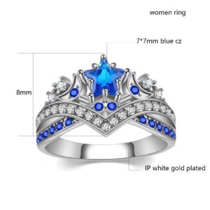 MASHAN Couple Rings Matching Rings His Her Ring Stars and Moon Princess Ring Blue CZ Women's Wedding Ring