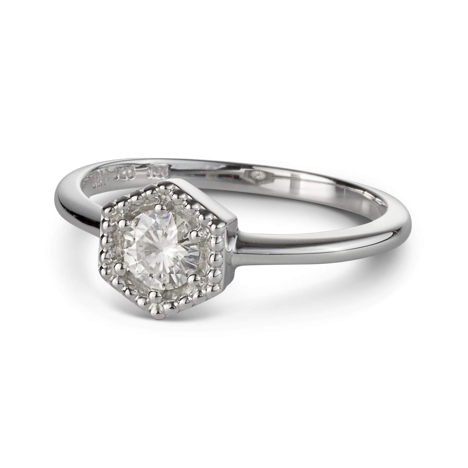 0.33 CTW DEW Round Laboratory-Grown Moissanite Hexagon Milgrain Halo Ring in Sterling Silver