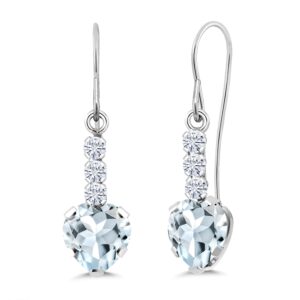 Gem Stone King 925 Sterling Silver Sky Blue Aquamarine and White Moissanite French Wire Dangle Earrings For Women (1.69 Cttw, Gemstone March Birthstone, Heart Shape 6MM)