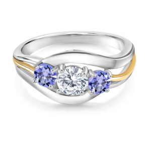 Gem Stone King 925 Sterling Silver and 10K Yellow Gold Round White Moissanite and Blue Tanzanite 3 Stone Ring For Women (1.10 Cttw, Available In Size 5, 6, 7, 8, 9)