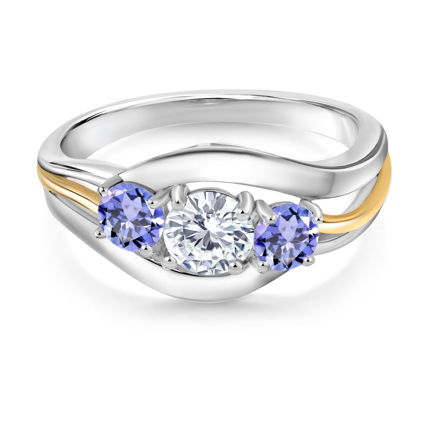 Gem Stone King 925 Sterling Silver and 10K Yellow Gold Round White Moissanite and Blue Tanzanite 3 Stone Ring For Women (1.10 Cttw, Available In Size 5, 6, 7, 8, 9)