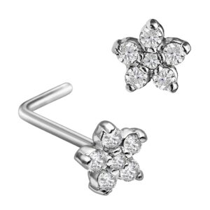 20G 14K White Gold Diamond L-shape Nose Stud - Flower Setting nose Ring - April Birthstone - FLWD-LSWG