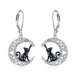 SHEAISRS Black Cat Earrings for Women 925 Sterling Silver Celtic Moon Leverback Earrings Crescent Moon Earrings Dangle Black Cat Jewelry