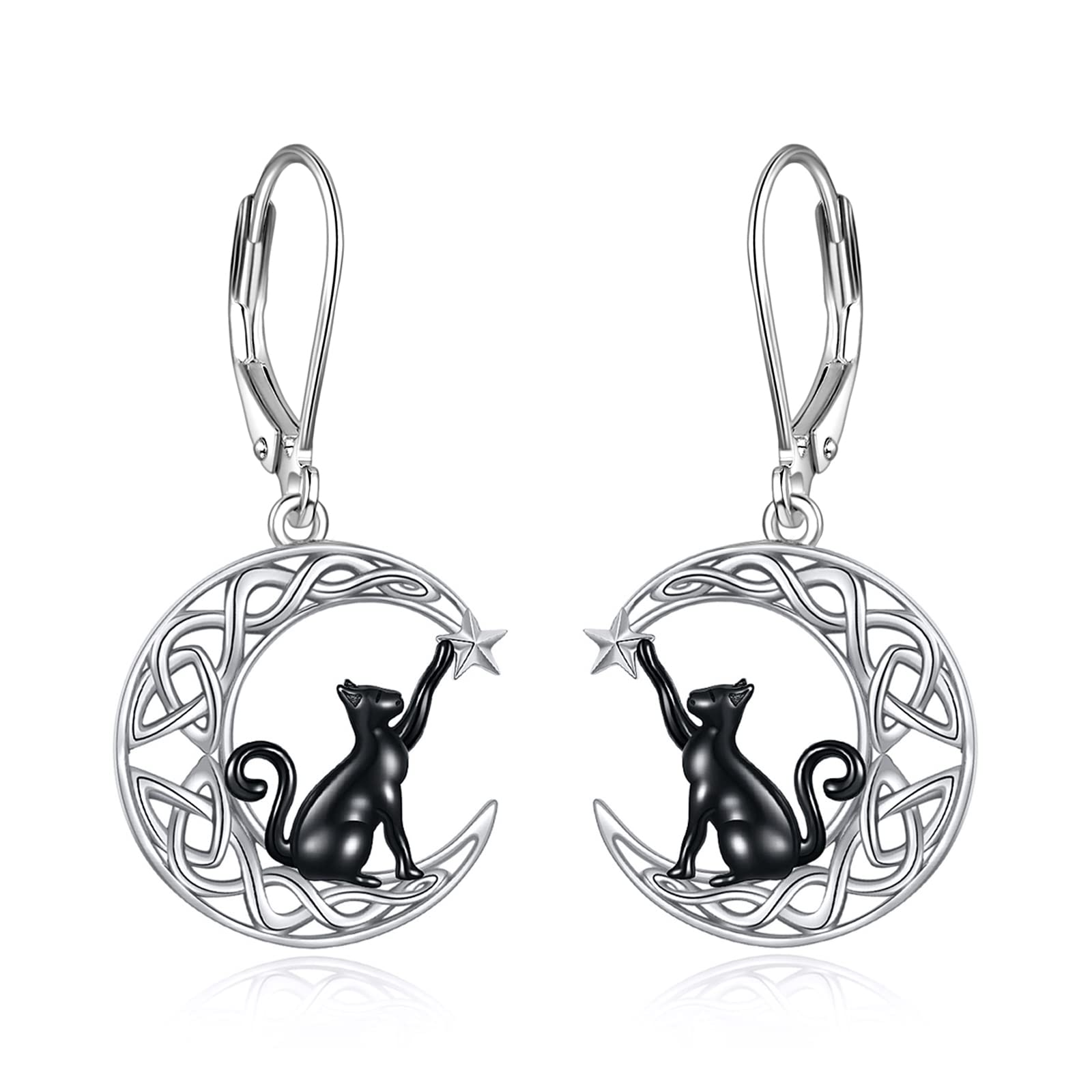 SHEAISRS Black Cat Earrings for Women 925 Sterling Silver Celtic Moon Leverback Earrings Crescent Moon Earrings Dangle Black Cat Jewelry