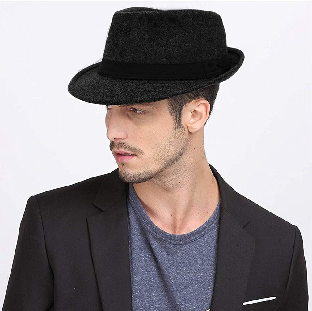 Mens Classic Jazz-Fedora-Hat Manhattan Structured Gangster Trilby Cuban Short Brim Vintage Panama Hats (L:58.5cm/23.03inch, Black)