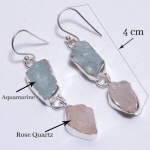 925 Sterling Silver Drop Earrings, Natural Raw Aquamarine Rose Quartz Gemstone Women Gift Jewelry RSE1003