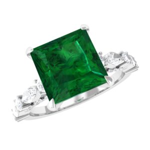 Certified Lab Grown Emerald 8mm Princess Cut Engagement Ring, AAAA Quality, Emerald Moissanite Ring - With Jewelry Box, 14K White Gold, Size:US 5.50