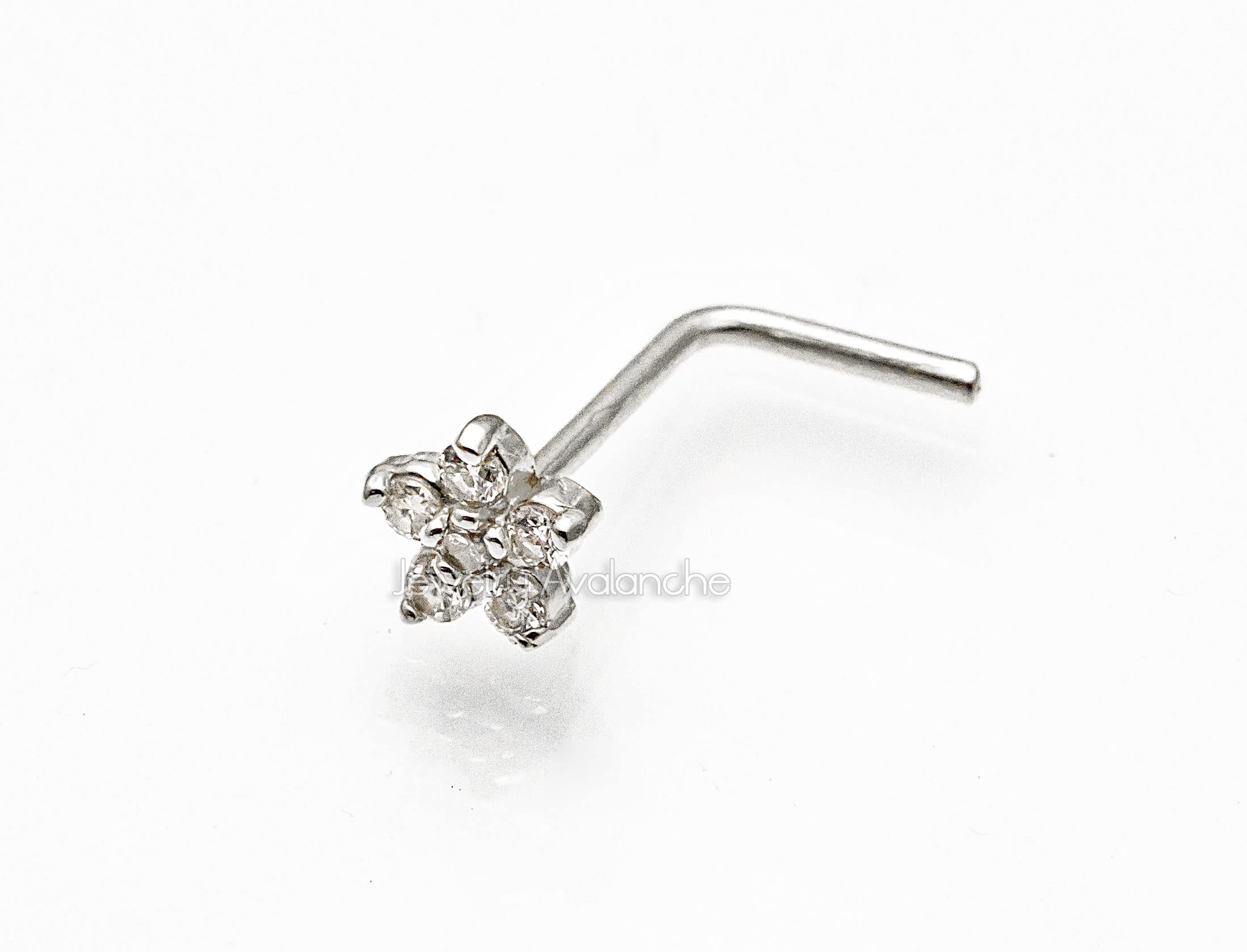 20G 14K White Gold Diamond L-shape Nose Stud - Flower Setting nose Ring - April Birthstone - FLWD-LSWG