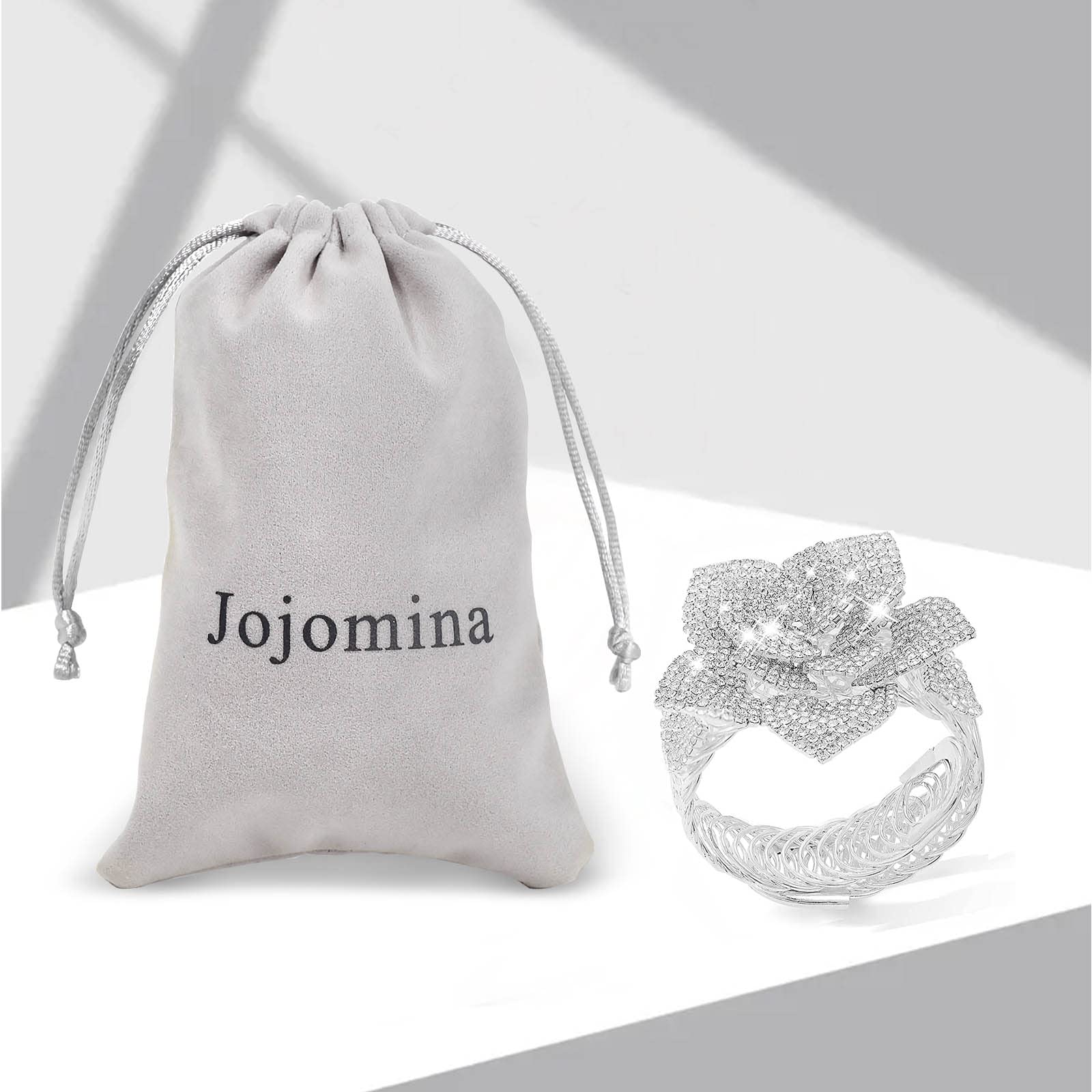 Jojomina Flower Arm Cuff Rhinestone Bracelet for Women Silver Crystal Stretch Prom Bridal Bracelet Jewelry for Bride Wedding Party Dating