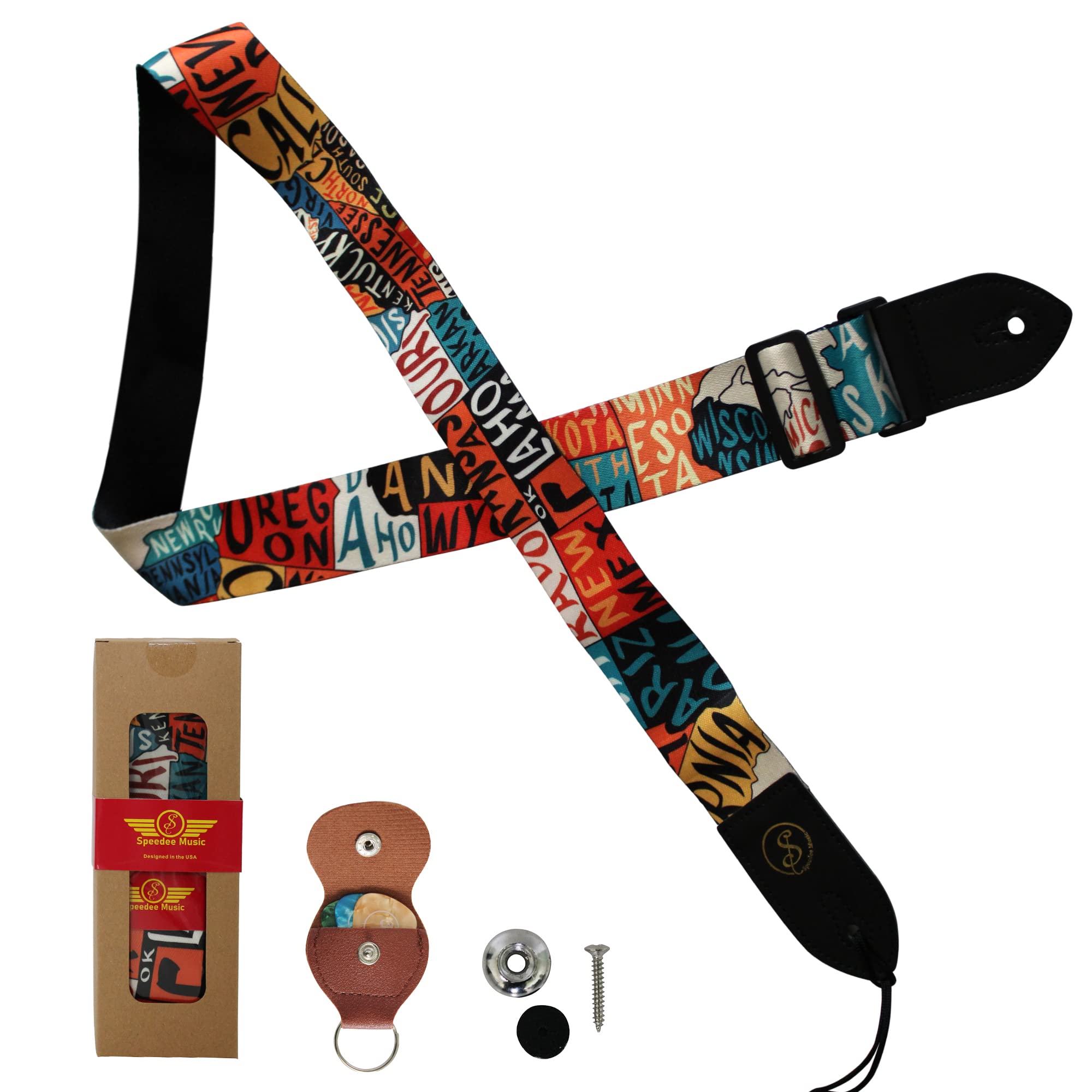 Speedee Music Embroidered Ukulele Strap Kit - 1 US Map Camo Design Ukulele Strap, 3 Guitar Picks, 1 Strap Button, 1 Pick Holder Orange Black Red Blue Yellow White